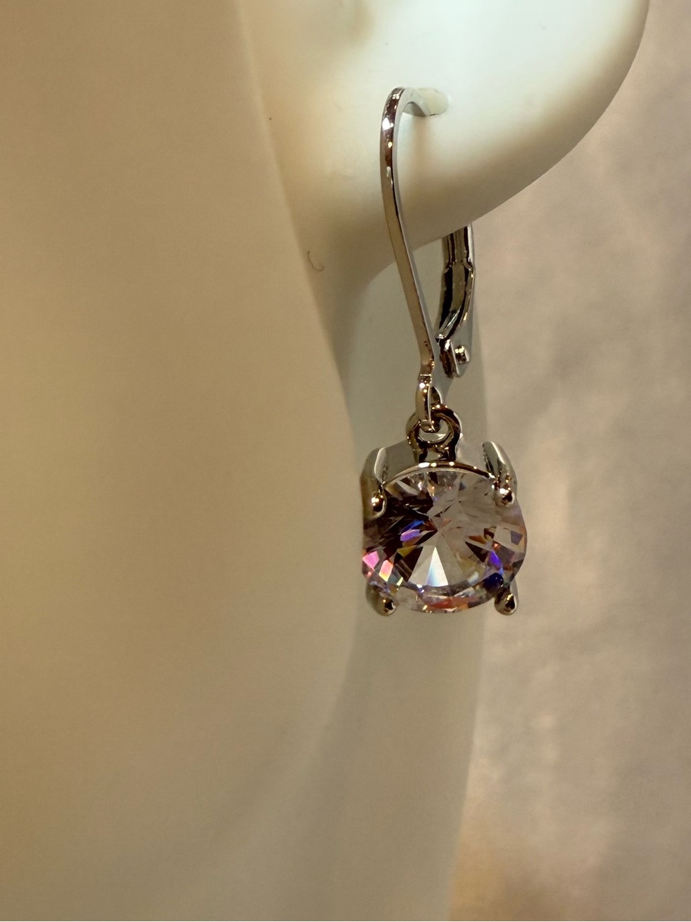 Classic Silver Tone 4 Prong Zircon Crystal Drop Earrings Elegant Minimalist - Picture 3 of 5